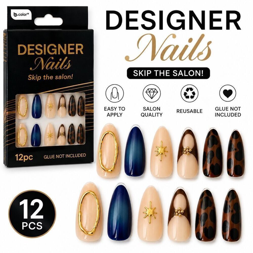 B.Color Designer Press On Nails Blue Nude Leopard Gold 12pc Almond